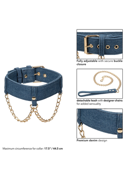 CalExotics Ride 'em Premium Denim Collection Collar with Leash BLUE - 360