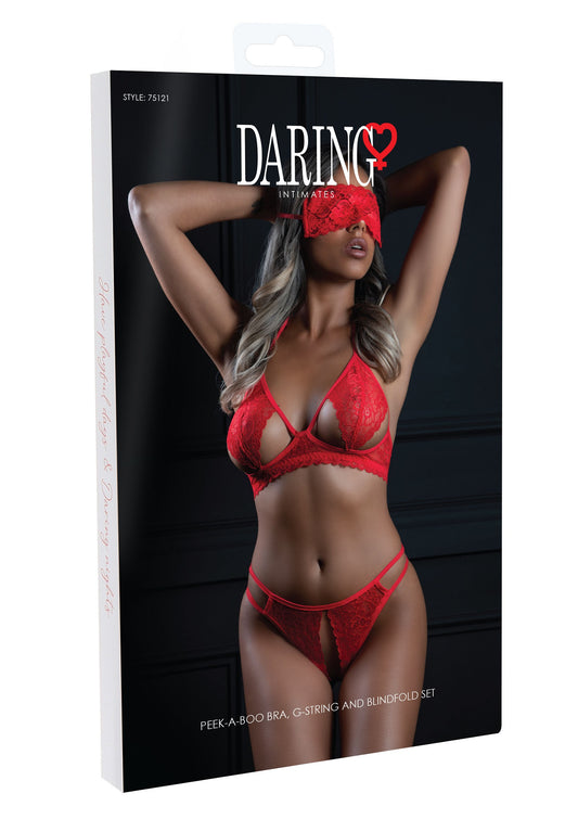 Daring Intimates 3PC Bra, Panty and Blindfold - Rood
