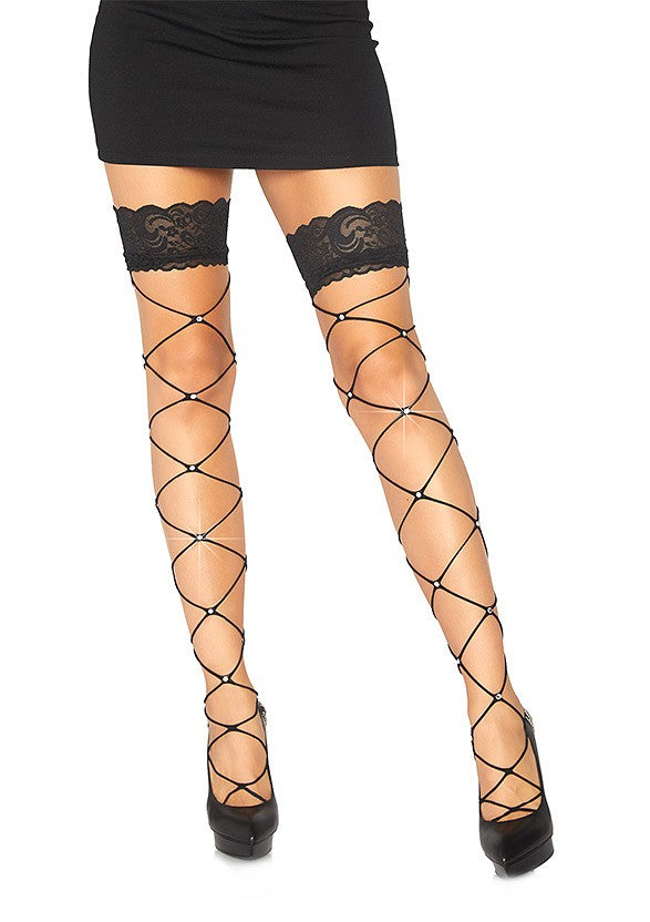 Leg Avenue Wide net thigh high with chrystal BLACK O/S - 0