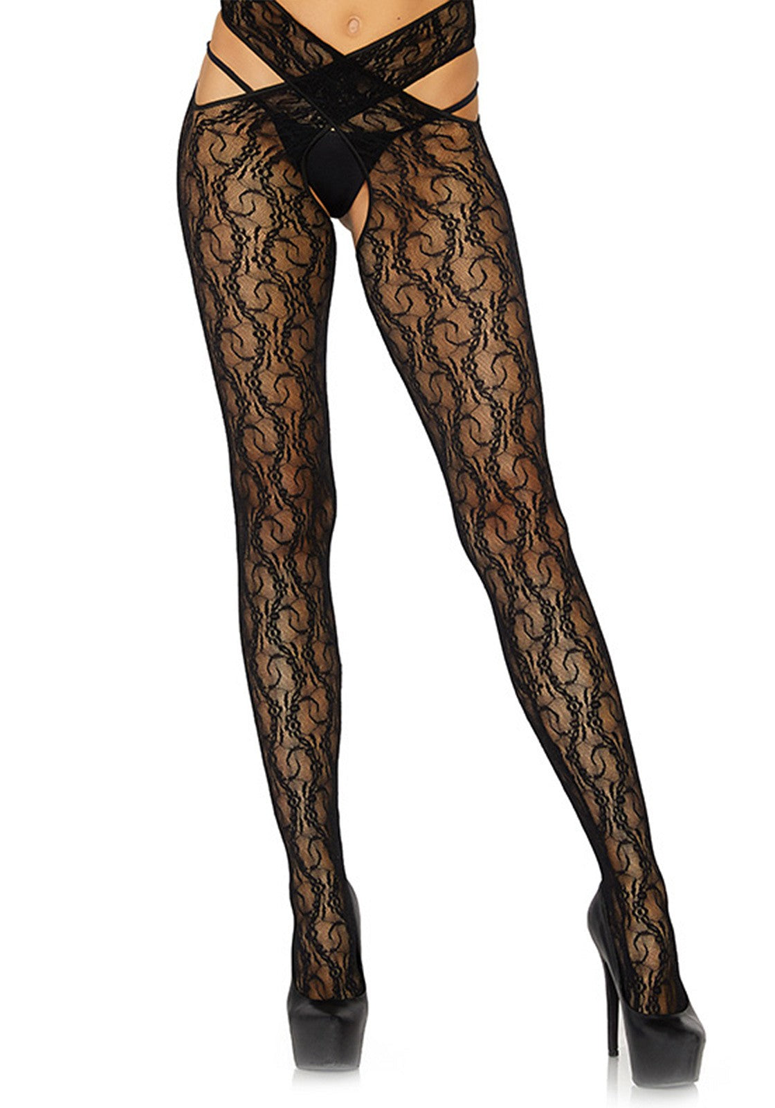 Leg Avenue floral crotchless wrap tights BLACK O/S - 1
