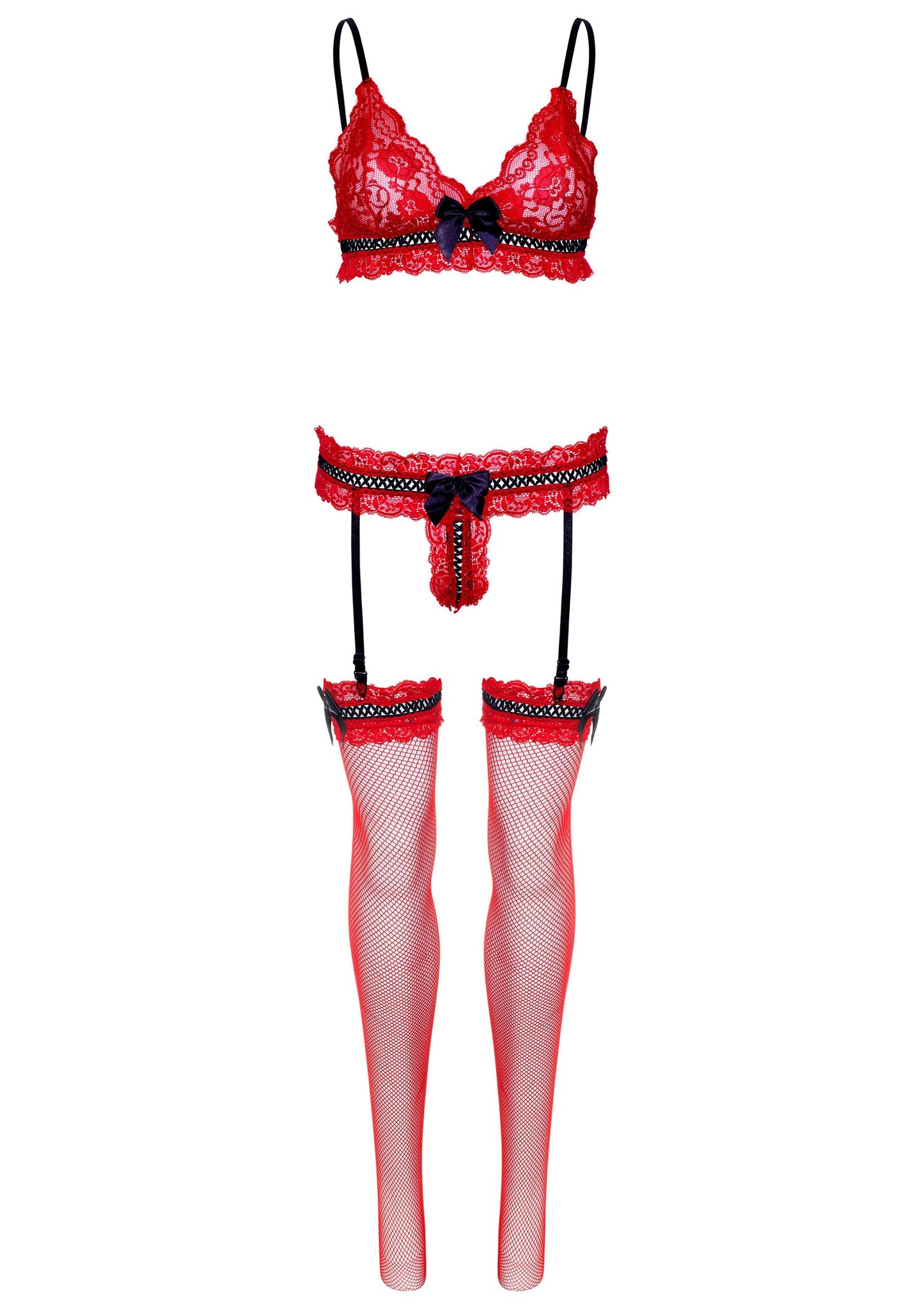 Leg Avenue Bra, panty and stockings set RED O/S - 1