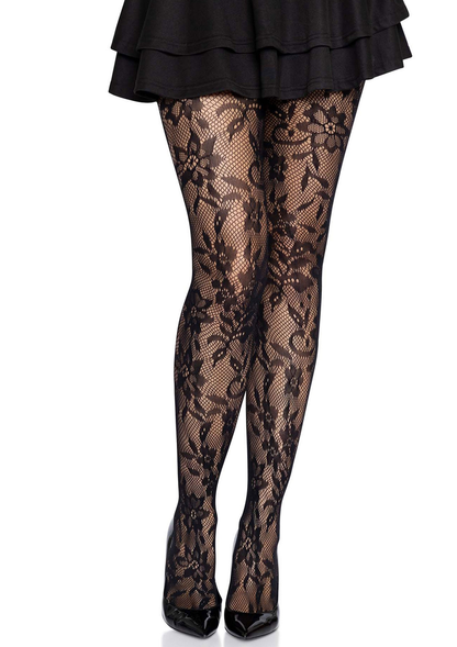 Leg Avenue Seamless Floral Lace Tights BLACK O/S - 4