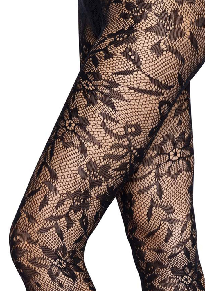 Leg Avenue Seamless Floral Lace Tights BLACK O/S - 3